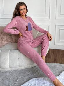RueChic Embroidery Cartoon Pattern Flannel PJ Set - Hot Pink - View 5