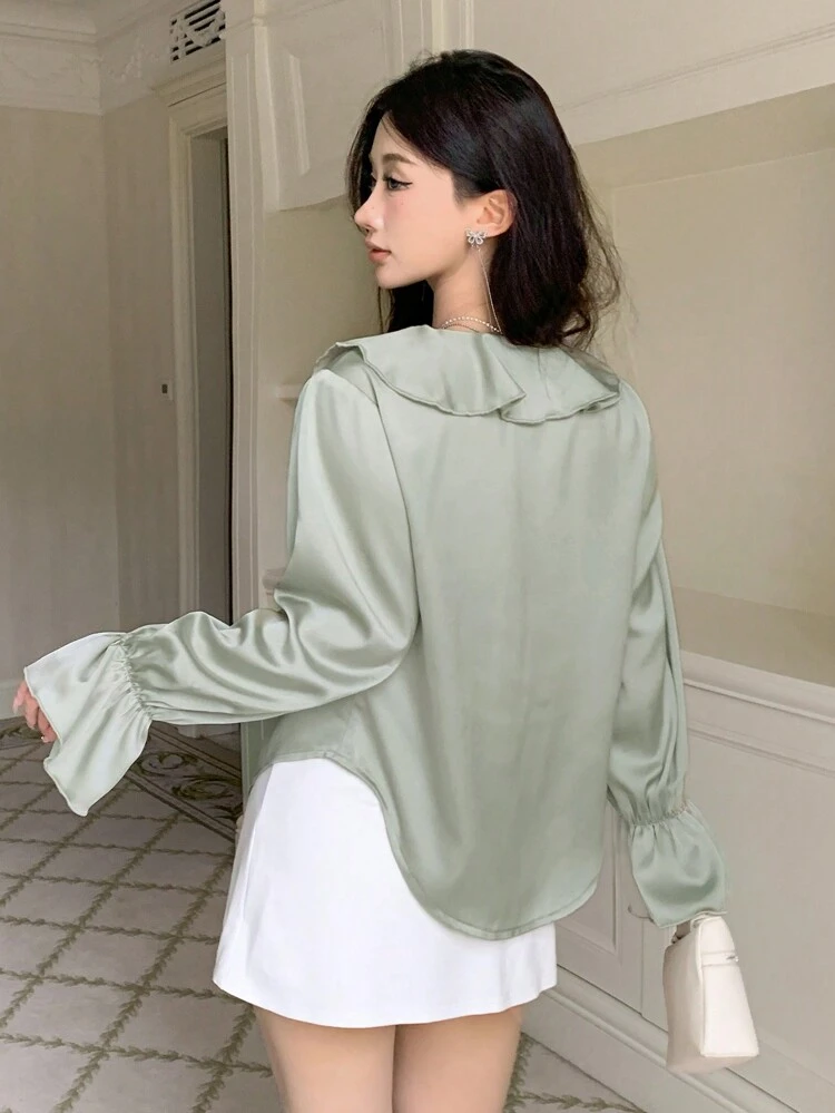 Women's Solid Color Long Sleeve V-Neck Tie-Front Ruffle Blouse