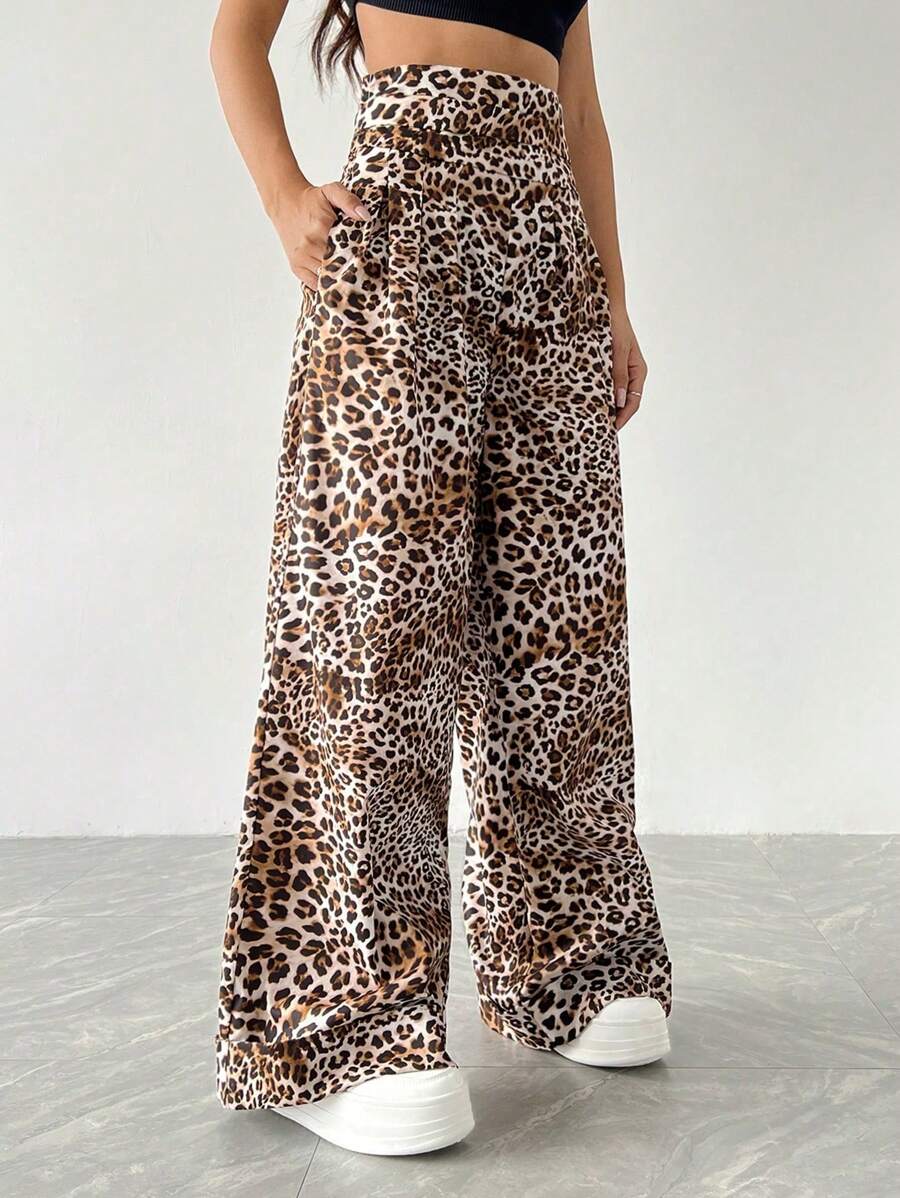 StreetHx 女式高腰豹紋寬腿寬鬆休閒超長褲 - 彩色 - 查看 1