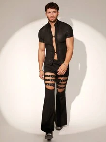 FeverCity Men's Polyamide Stretch Snake Texture Slim Fit Short Sleeve Shirt, Summer - Black - View 6