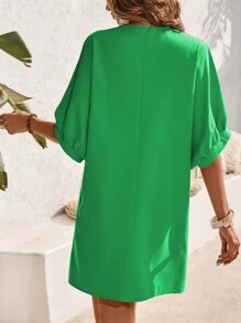 SHEIN LUNE 女士V領純色休閒沙灘度假春夏裙 - 綠色 - 查看 2