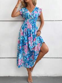 Breezaya Robe longue avec imprimé tout-sur-tout et volants pour les vacances d'été, tenue de plage pour femmes