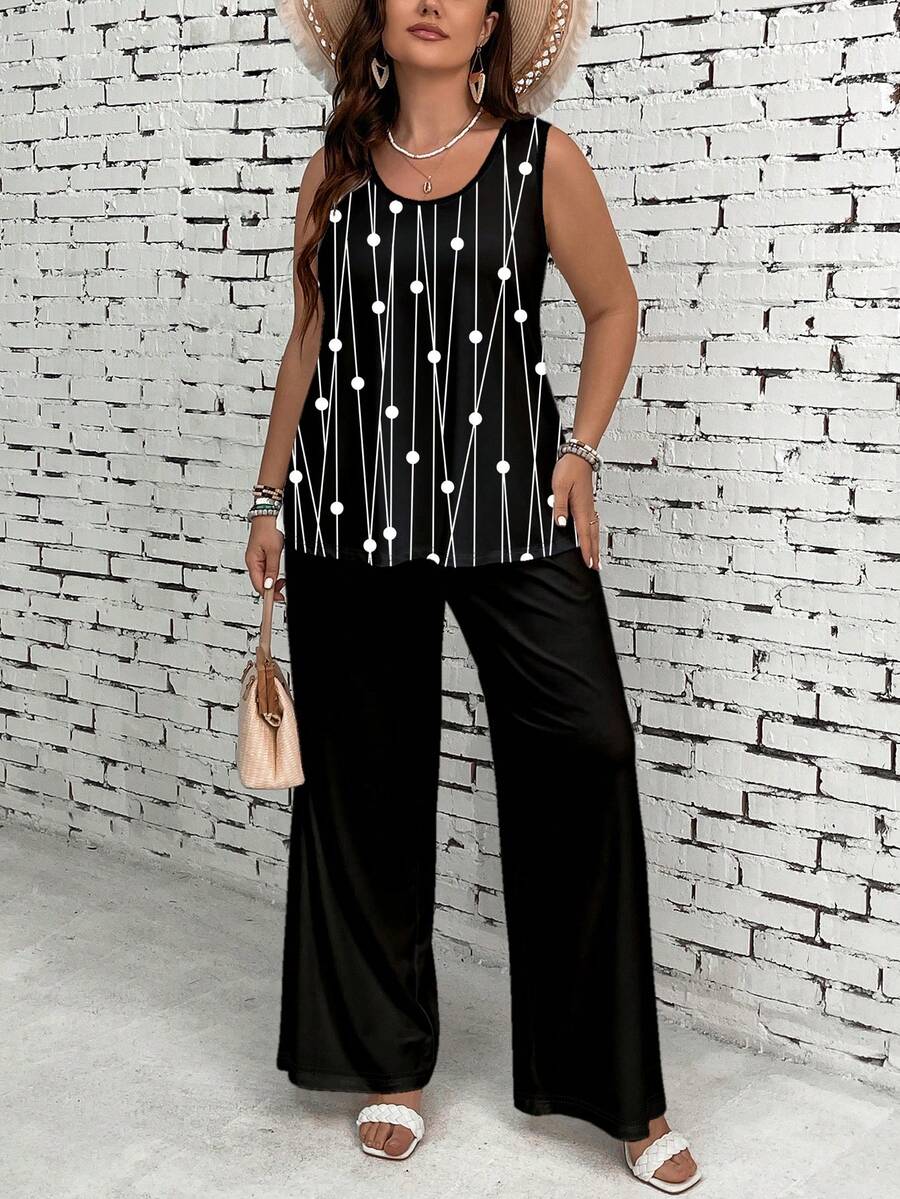 EMERY ROSE Plus Size Women's Polka Dot Print Camisole 2pcs Set, Round