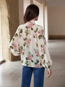 GENKIRA Blusa de gasa con cuello anudado, manga farol y estampado de rosa delicada para mujer - Multicolor - Ver 2