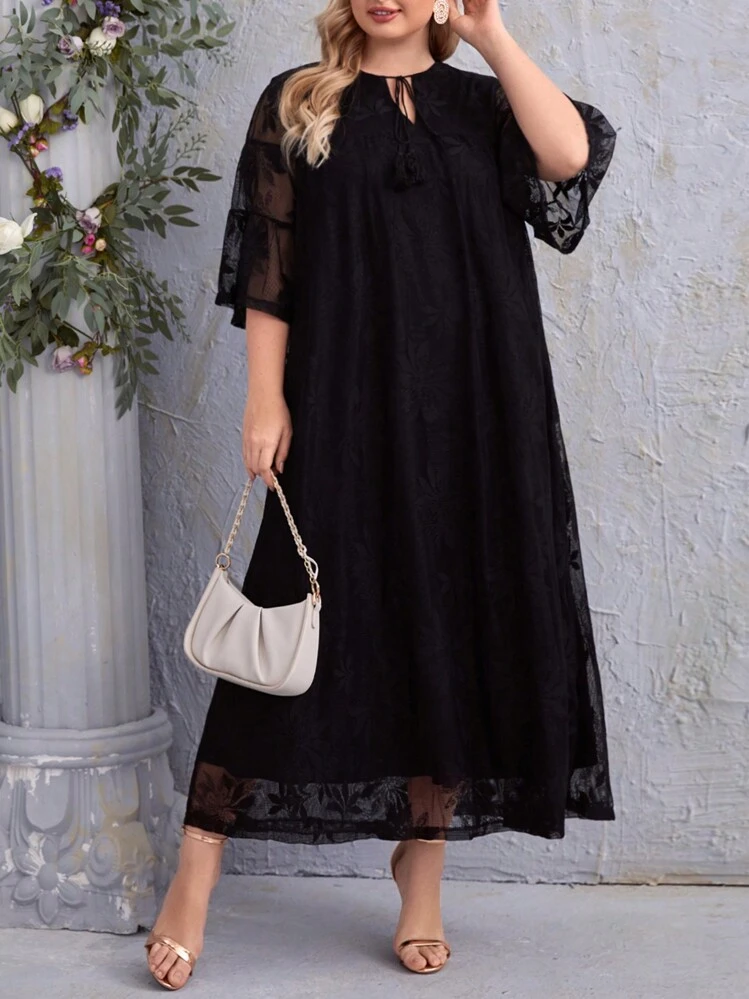 SHEIN CURVE+ Plus Size Black Elegant Long Lace Dress | SHEIN USA