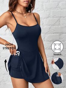 SHEIN PETITE Pantalones culotte de una sola pieza para mujer, de unicolor, con bolsillo, para deportes, ocio y uso diario, anti-exposición