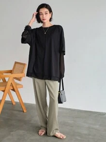 FRIFUL Women's Casual Solid Color Loose T-Shirt, Spring & Summer,Back To School Clothes Long Sleeve Women Tops,Fall Women Clothes - Black - View 2