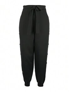 Quần âu nữ có cạp xoắn và nút cài bên hông - màu đen - Xem 3