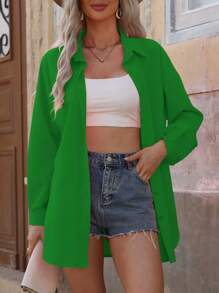 SHEIN LUNE Áo cánh dài tay rộng rãi, màu trơn trễ vai cho nữ, áo sơ mi nữ mùa xuân và mùa hè - màu xanh lá - Xem 4