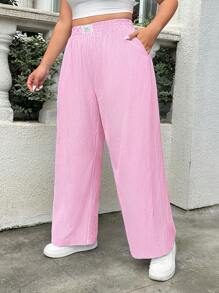 SHEIN EZwear Valentine's Day,Plus Size Casual Loose Striped Palazzo Pants For Summer - Pink - View 4