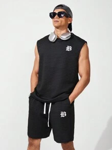 Gym Rark 男友风男士简约印花无袖上衣短裤运动套装健身健身套装 - 黑色 - 查看 5