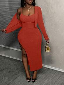 Slaydiva 女士两件套休闲罗纹深V领吊带连衣裙套装 - 棕色 - 珊瑚橙 - 查看 3