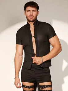 FeverCity Men's Polyamide Stretch Snake Texture Slim Fit Short Sleeve Shirt, Summer - Black - View 2