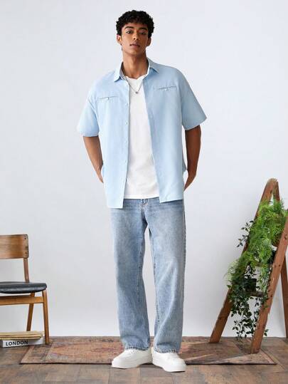 Manfinity RebelGame Camisa casual de manga corta lisa para hombre ideal para uso diario durante el verano