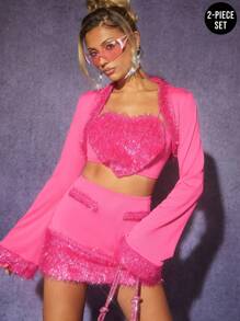 Hauture Fuzzy Heart Top & Jacket & Skirt Two Pieces Set - Hot Pink - View 1