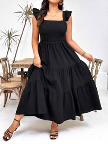 SHEIN LUNE 大码女式纯色简约休闲方领盖袖连衣裙 - 黑色 - 查看 3