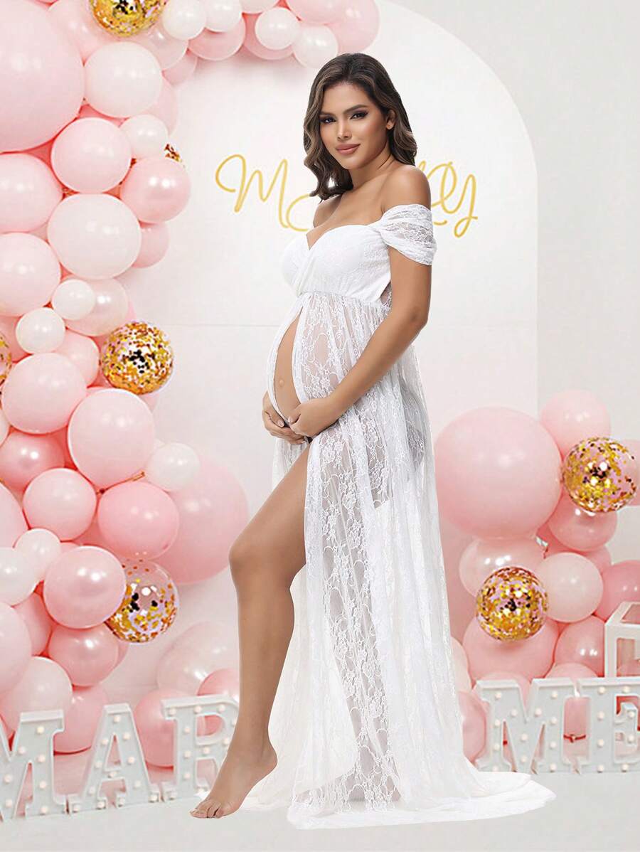 孕妇蕾丝性感露肩高腰开衩拍照婴儿洗礼孕妇礼服