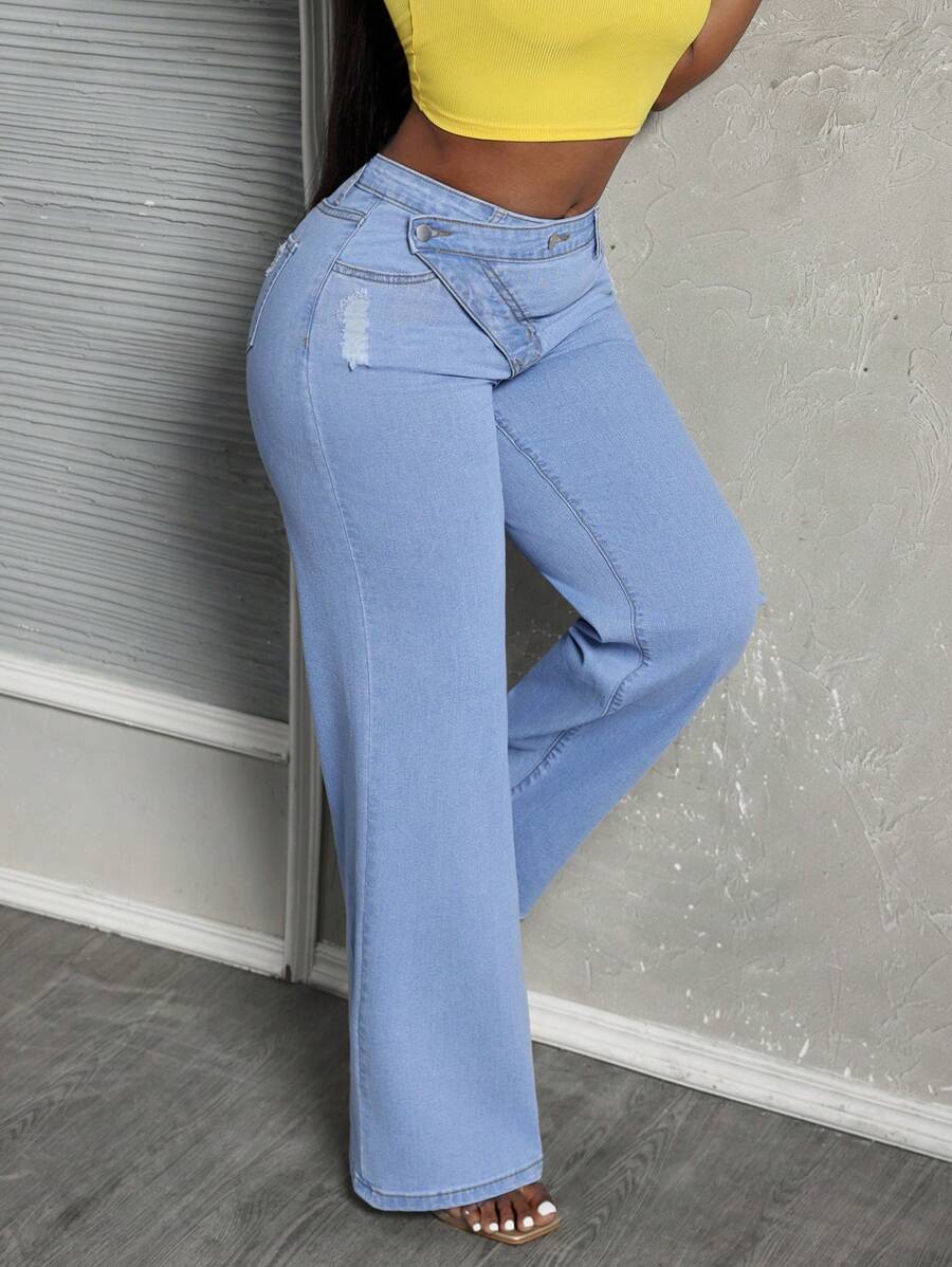 Slaydiva Jeans de mezclilla casual sencillo y liso para mujer - Lavado ligero - Ver 1