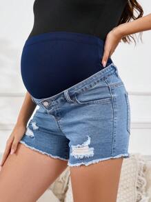 SHEIN Adjustable Waist Pocket Distressed Frayed Hem Maternity Casual Denim Shorts - Light Wash - View 2