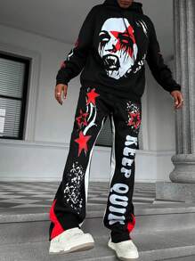 Manfinity Roghcode Conjunto de Moletom com Capuz e Calça Grafite em Estilo de Rua Gótico Escuro com Blocos de Cores Preta e Vermelha, Streetwear, Conjunto Masculino de Duas Peças, Preto e Branco, Halloween, Sair, Gráfico, Colorido, Presente para Namorado, Gótico - Multicolorido - Visão 6