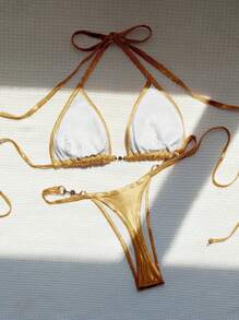 SHEIN Swim 女士夏季海滩纯色金属领口吊带性感比基尼套装、泳衣 - 金色 - 查看 2