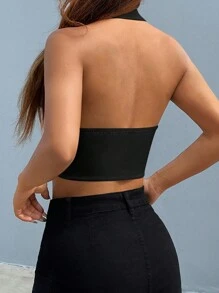 SHEIN EZwear 秋冬女士翻领露背无袖前扣西装外套 - 黑色 - 查看 2