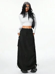 Muchica Girls Essentials Daily Wear Cargo Drawstring Maxi Skirts - Black - View 2