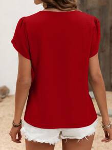 EMERY ROSE Women Solid Simple Casual Blouse For New Year Clothes,Short Sleeve Tops - Red - View 2