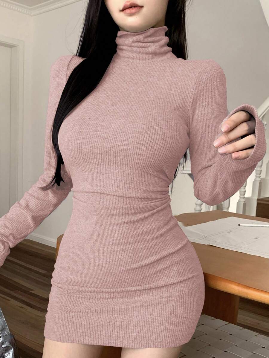 DAZY Women High Collar Elegant Solid Color Long Sleeve Dress,Fall Clothes - Pink - View 1