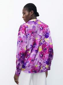 Maija Women's Random Print Simple Everyday Long Sleeve Button-Up Shirt - Purple - View 2