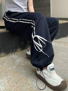 DAZY Women's Casual Contrast Color Patchwork Front Tie Pocket Long Pants Sweatpants