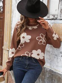 SHEIN LUNE Women's Solid Color Floral Soft Crew Neck Drop Shoulder Sweater - Multicolor - View 5