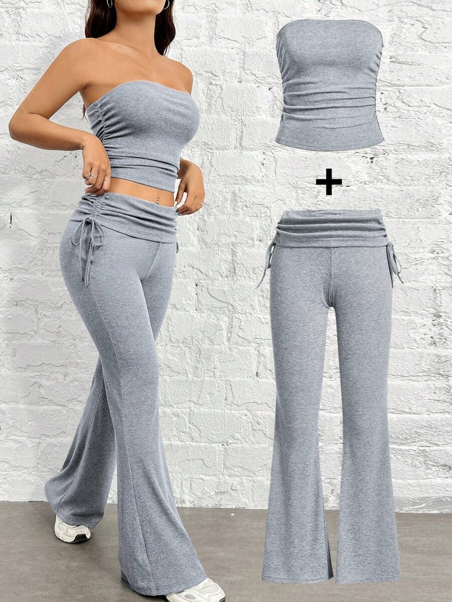 SHEIN EZwear Women's Solid Color Bustier Top And Side Drawstring Pleated Pants Fitted Suit Set - Light Grey - View 1