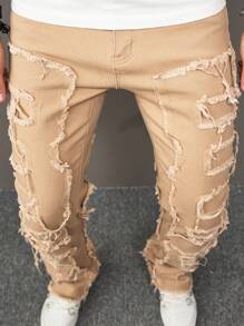 Manfinity EMRG Men's Solid Color Simple Casual Denim Jeans - Khaki - View 4