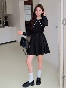 EastFlair 女性休閒對比花邊連衣裙 - 黑色 - 查看 5