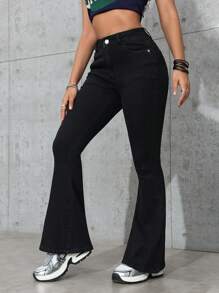 SHEIN PETITE Women Pocket Design Flared Casual Comfy Jeans Pants