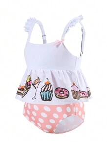 Young Girl Donut Print Frill Strap Tankini Swimwear - Multicolor - View 1
