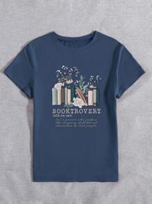 INAWLY 花卉和书籍印花休闲短袖圆领 T 恤女式图案 T 恤女式上衣 - 藏蓝色 - 查看 4