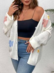 SHEIN VCAY Plus Size Winter 3D Floral Romantic Warm Knitted Cardigan