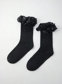 ROMWE Kawaii Women's Cute Comfortable Ruffle Lace Trim Mid-Calf Socks - Black - View 2