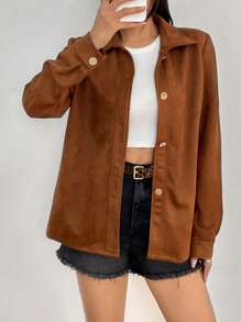 SHEIN Unity Women's Brown Faux Suede Jacket With Metal Decor Button - Brown - View 3