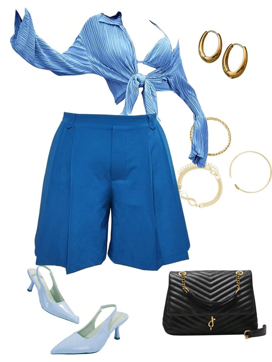 SHEIN LUNE Plus Size Summer Casual Solid Color Pleated Shorts With Side Button Embellishment - Blue - View 1