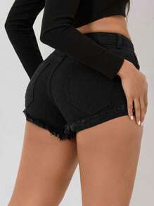 SHEIN PETITE Ripped Raw Hem Denim Shorts - Black - View 2