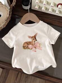 SHEIN Baby Girl Cute Deer Print Crew Neck Casual Blouse, For Christmas - White - View 1