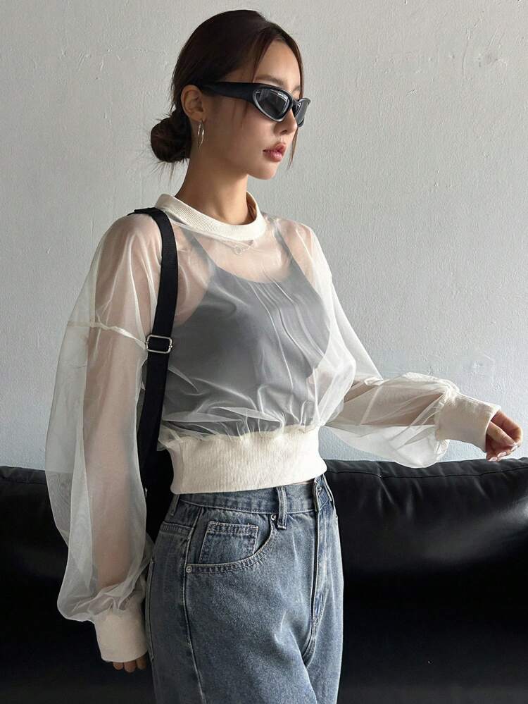 Fitted Sheer Mesh Crew Neck Long Sleeve Blouse For Women