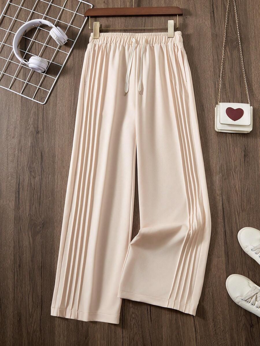 Teen Boy dây rút eo rộng chân rộng vừa vặn quần âu - Màu be - Xem 1