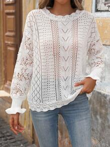 SHEIN LUNE 女士白色蕾丝拼布镂空毛衣，秋季假期 - 白色 - 查看 6