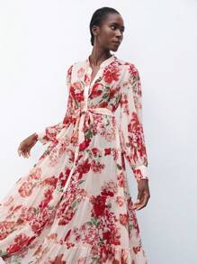 Maija 花卉印花雪纺下摆 A 字裙，灯笼袖，宽松休闲优雅连衣裙，适合度假、海滩、节日派对、情人节 - 彩色 - 查看 9