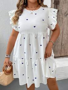 SHEIN VCAY Váy chắp vá in hình trái tim tay bồng cỡ lớn thường ngày - Màu xanh hải quân - Xem 4