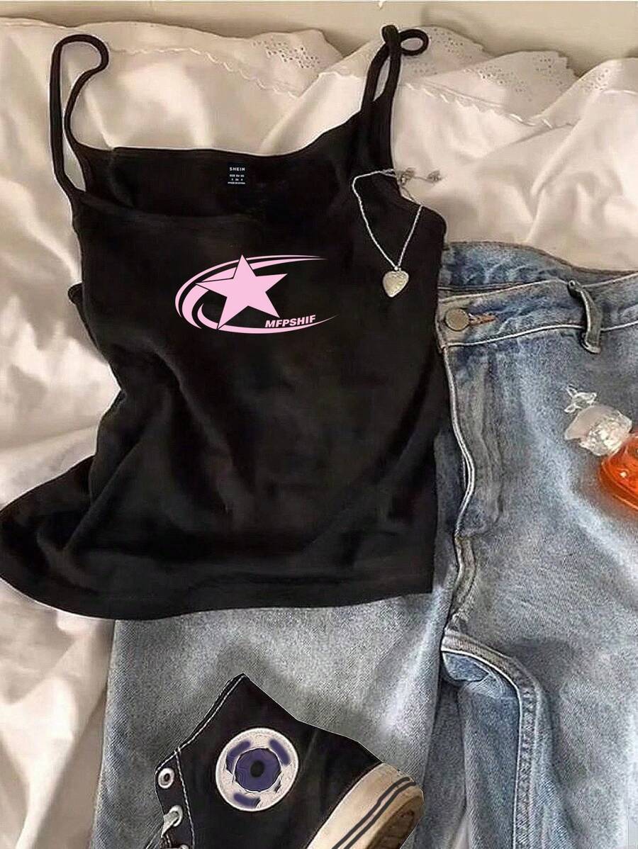 Attitoon Áo hai dây họa tiết ngôi sao gợi cảm cho nữ, mùa hè - màu đen - Xem 1